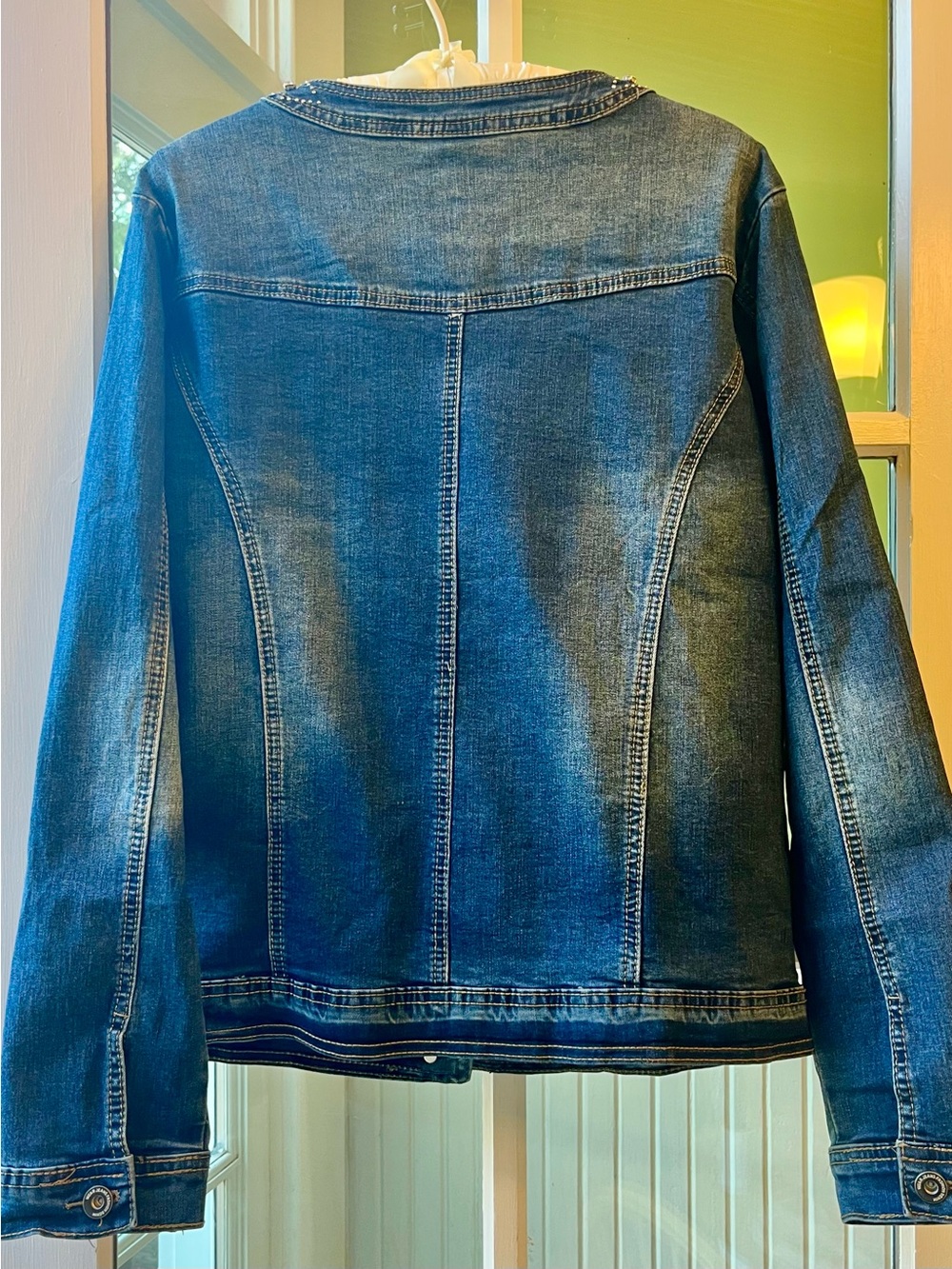 Embellished Blue Denim Jacket with Pearl & Glittery Rhinestone Accents - Picture 2 of 9